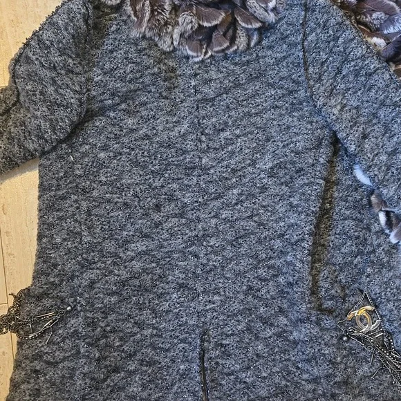 RARE Gray Metallic Accent Cardigan Sweater with Feather Accent Trim - Picture 16 of 16
